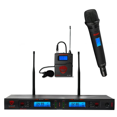- Nady 2W-1KU HT Dual True Diversity 1000-Channel Professional UHF Wireless System with 1 Handheld Microphone & 1 Lapel Microphone – Autoscan – Automatic Transmitter Pairing – All Metal Construction