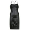 thumbnail image 5 of Women Faux Leather Bodycon Dress Sexy Backless Bandage Split PU Dress Spaghetti Strap Midi Dress Party Cocktail (Black, L), 5 of 7