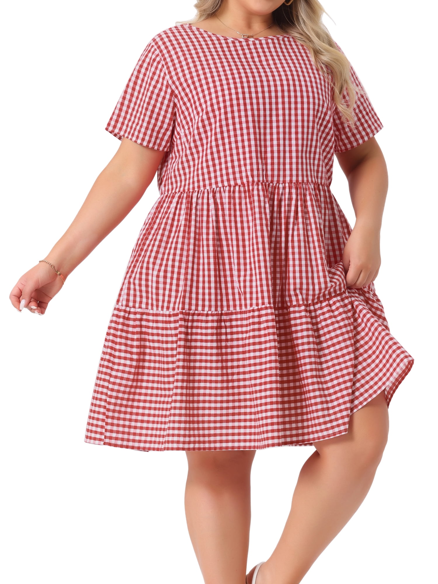 DARING DIVA Women's Plus Size Plaid Round Neck Short Sleeve Midi Dress 2X Red