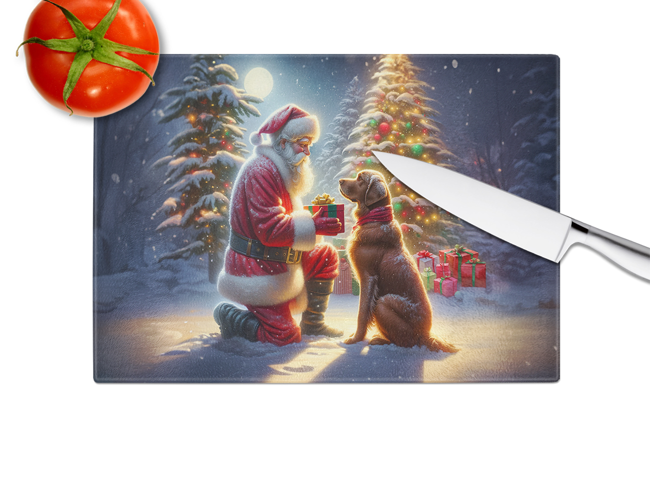 Chesapeake Bay Retriever and Santa Claus Glass Cutting Board 12 in x 15 in
