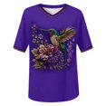 thumbnail image 5 of Tshirt Women Skin Friendly Floral Hummingbird Print V Neck Short Sleeve Tee Weekend Women Blouse, 5 of 5