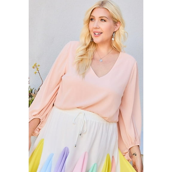 V Neck Bubble Sleeve Solid Top 3XL