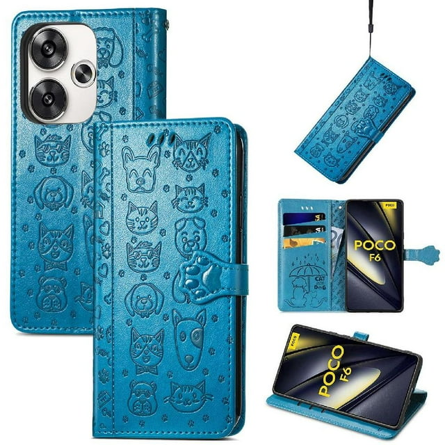 Funda Cartera FOXDOCK para Xiaomi Poco F6 5G , Flip PU con Relieve de Gatos y Perros, Tarjetero y Soporte