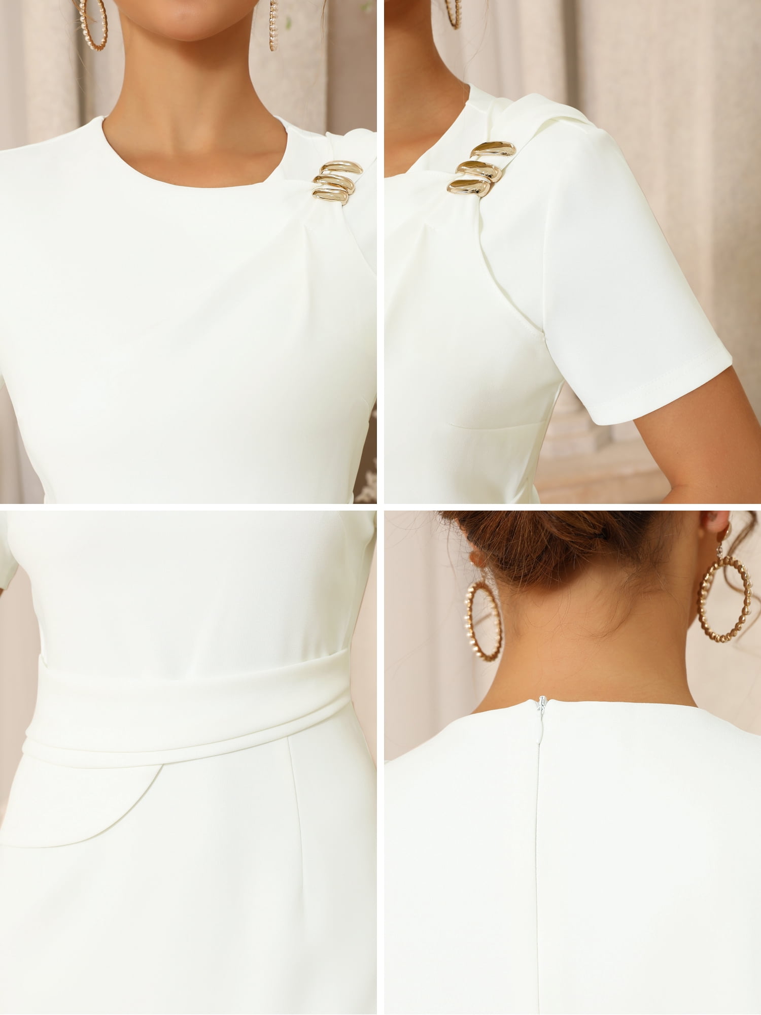 DARING DIVA Women's Crewneck Short Sleeve Pleated Waist Sheath Dresses 2XL White