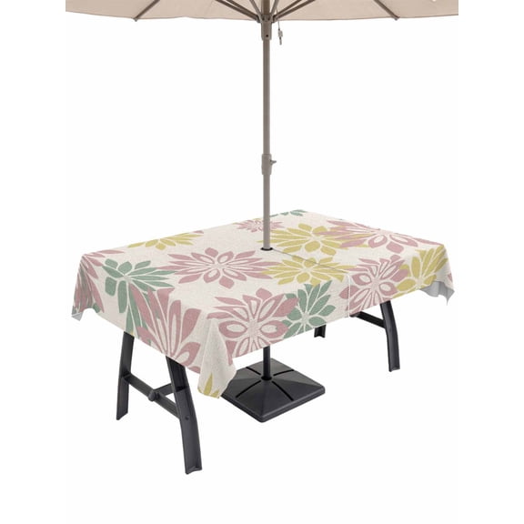 Outdoor Tablecloths with Umbrella Hole & Zipper, Geometric Flower Rectangle Tablecloth 60x120 Inch, Vintage Country Floral Pink Green on Linen Waterproof Table Cloth, Patio/Pool/Picnic Table Covers