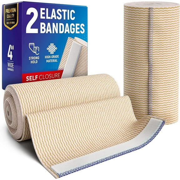 Premium Elastic Bandage Wrap – (2pk) – 4” Self-Closing Reusable Compression Bandage Wrap for Legs and Arms - Foot, Elbow, Knee Wrap