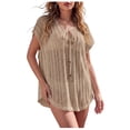 thumbnail image 2 of Pounoo Women's Beach Cover Ups V Neck Short Sleeve Knit Cover Ups Beach Vacation Style Lightweight Breathable Crochet Tie Front Side Slit Cover Ups Gift, 2 of 7