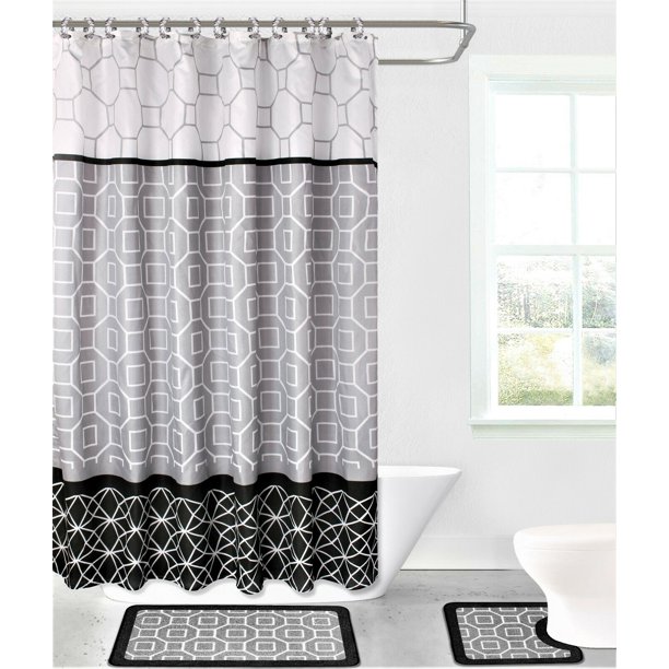 LUSH DECOR 15PC BATHROOM SET DIAMOND BOHEMIAN STRIPE PATTERN GREY/BLACK