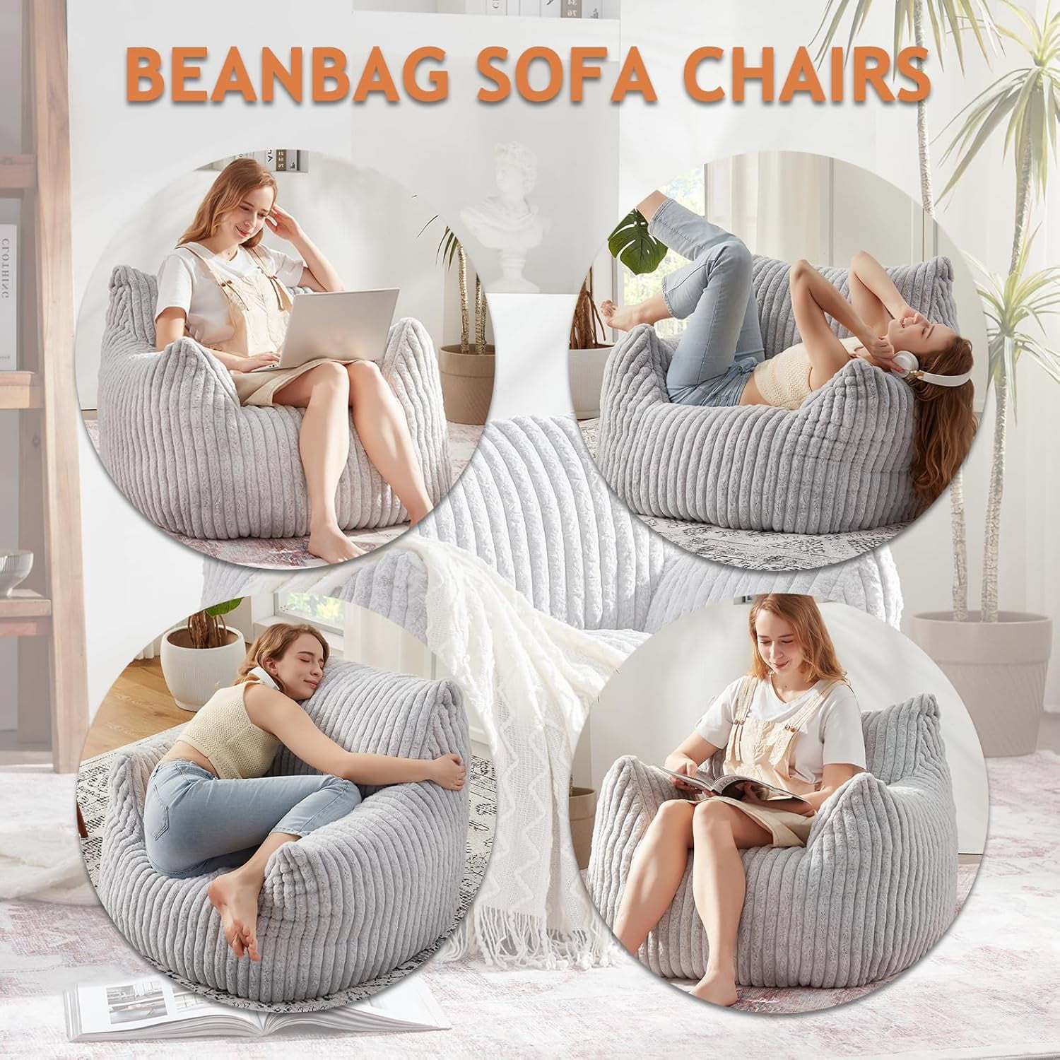 Ebenchico 3ft Bean Bag Chair for Adults Teens Kids with Armrests, Striped Fuzzy BeanBag Chairs with Filling, Light Gray