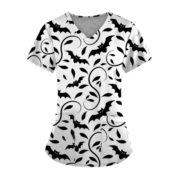 Camisa de uniforme médico de manga corta con cuello en V y temática de Halloween para mujer con estampado de calabaza
