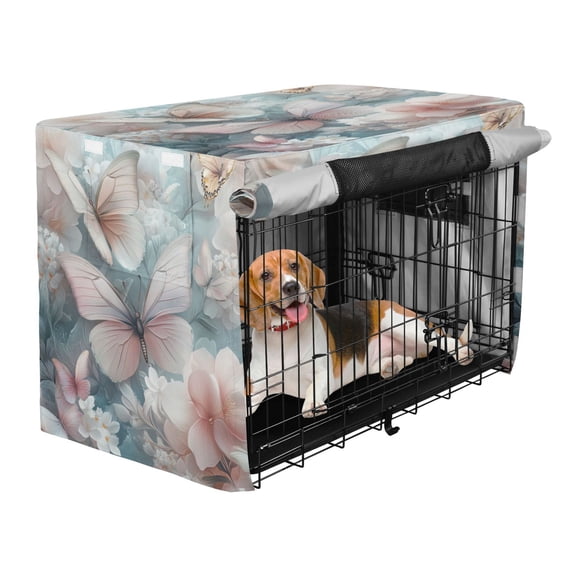 Qxltty Pink and White Butterfly Crate Cover Durable Oxford Cloth Pet Kennel Sunshade Universal Fit for 35in Wire Cage