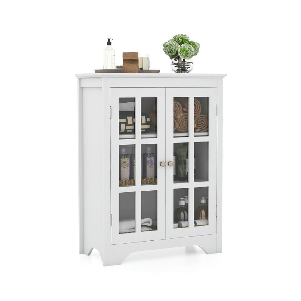 Finihen Storage Cabinet, Floor Cabinet, Freestanding Display Storage Cabinet with 2 Glass Doors and Adjustable Shelves, for Bathroom, Living Room, Bedroom, Kitchen, White