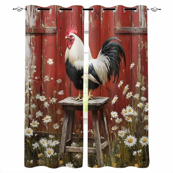 Fsddascl Farmhouse Rooster Blackout Curtains for Bedroom/Living Room, Thermal Insulated Kitchen Curtains, Rustic Daisies Red Wooden Grommet Darkening Window Treatment Drapes 52"x96"x2