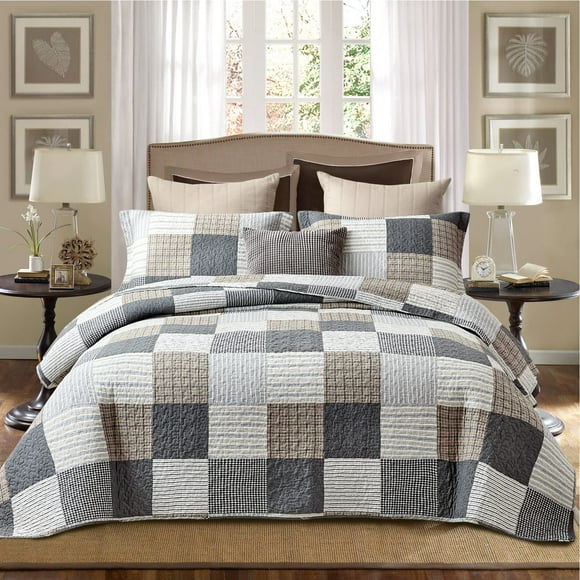 PANGUSHAN Ensemble de Courtepointe 100 % Coton Format Grand Lit, Ensemble de Literie Courtepointe Patchwork à Carreaux Grand Lit Couvre-Lits, Courtepointe Légère Style Ferme, Courtepointe Réversible Gris/gris/noir/beige/blanc/crème pour Lit Grand, 3 Pcs