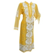 Mogul Indian Ethnic Long Tunic Dress Yellow Floral Embroidered Georgette Kurti  XL