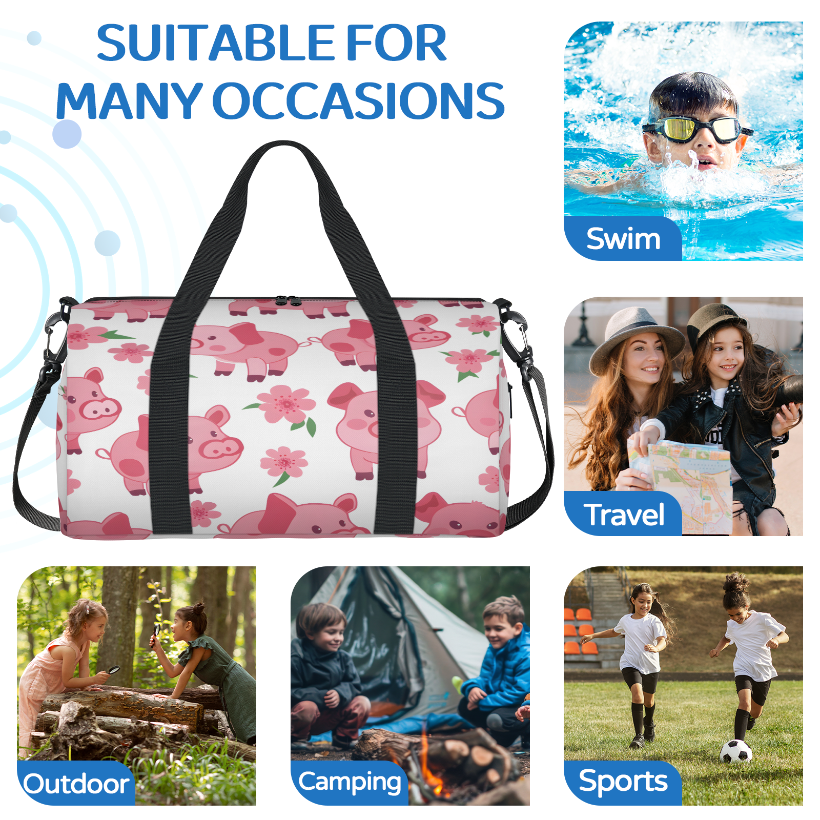 Herdesigns Pig Gym Bag for Women, Duffle Bag for Travel Sport, Pink Lightweight Waterproof Carry on Weekender Dance Yoga Workout Bags