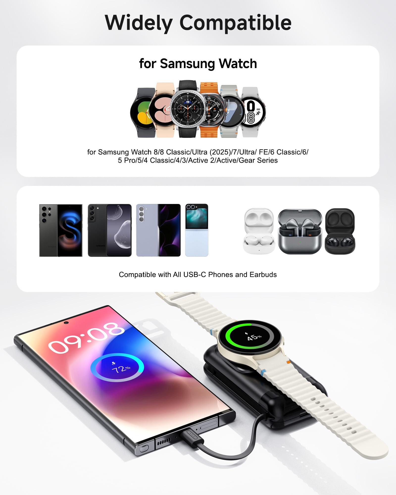 Samsung Watch Charger, 6000mAh Portable Galaxy Watch Charger for Samsung Watch 6/ 5/4/3, Samsung Watch and Phone Charger for Samsung S24/S23/S22