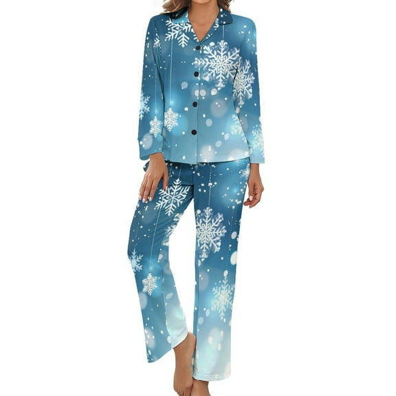 PoBuds Women's Long Sleeve Flannel Pajama Set Sleepwear Elegant Christmas with Snowflake S