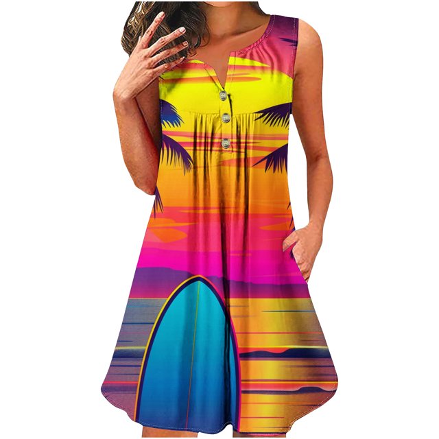 Vestido de Verano de las Mujeres Moda Impresa sin Mangas Cuello en V Medio Ternera Vestido Casual de Línea para Diario