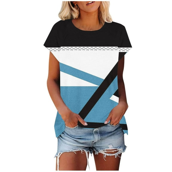 ZQUUVOU Women's Casual Short Sleeve Shirt Print Color Round Neck Blouse Blue