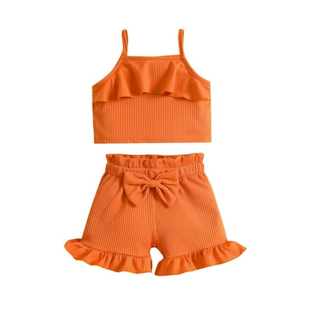 

TheFound Tempura Infant Baby Girl 2 Piece Set Sleeveless Camisole Tops Elastic Waist Ruffle Hem Bow Shorts Outfits