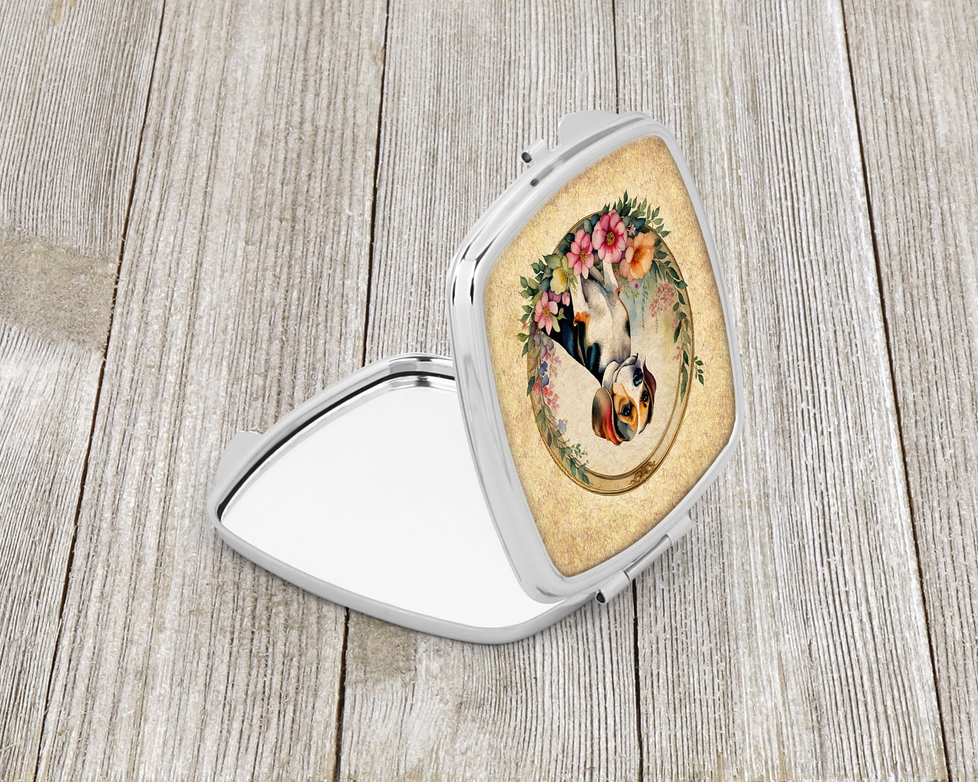 Beagle and Flowers Compact Mirror 2.75 in x 3 in