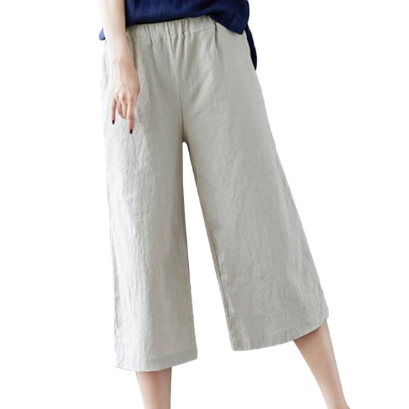 WAYUTE Womens Leggings Tummy Control Elastic Waist Loose Linen Cropped Wide Leg Solid Color Trouser Loose Fit Workout M