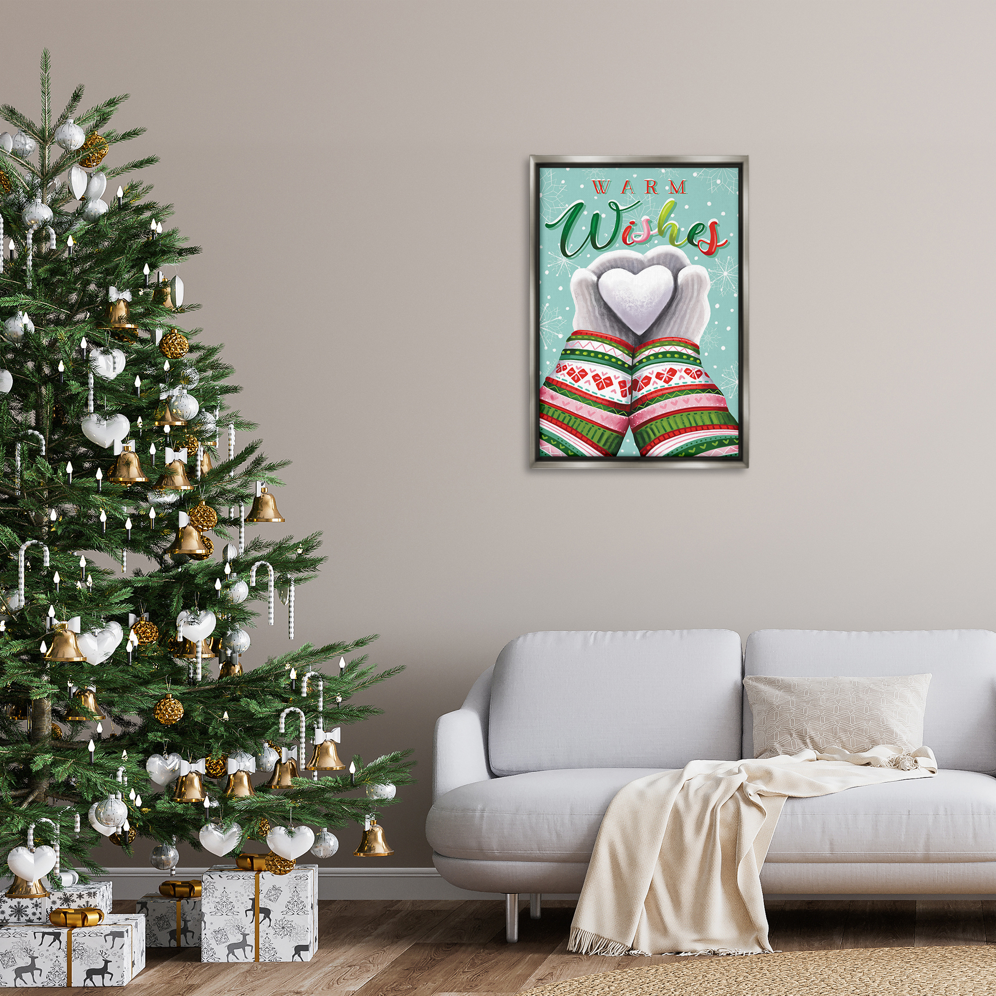 Stupell Industries Warm Wishes with Heart Holiday Painting Gray Floater Framed Art Print Wall Art, 21 x 31