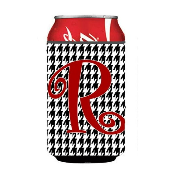 Letter R Initial Monogram - Houndstooth Black Can Or Bottle Hugger