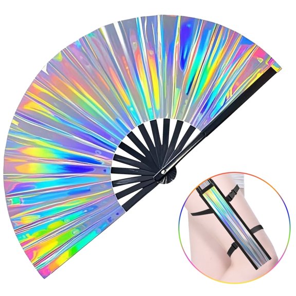 Large Folding Clack Hand Fan, 13 Inch Laser Color Glitter with Holster – Fan for Festivals, Parties, Dance, and Cosplay