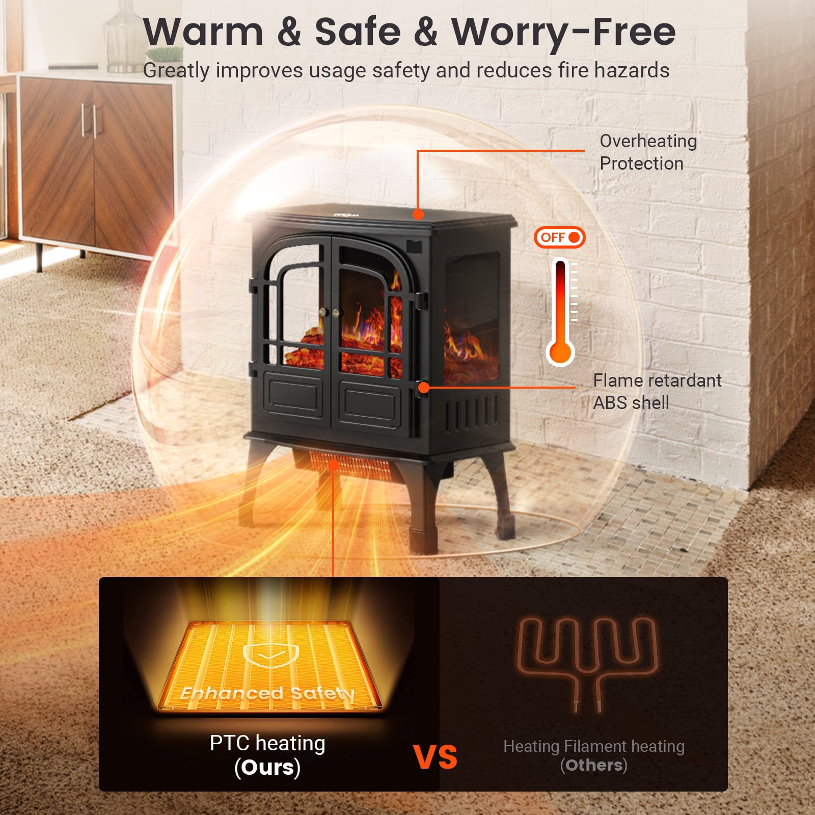 BLITZHOME 24'' Electric Fireplace Heater Stove Freestanding, 3D Realistic Flame, with Control Panel and Remote, Timer, ETL Certified, Overheating Safety Protection, 700/1500W