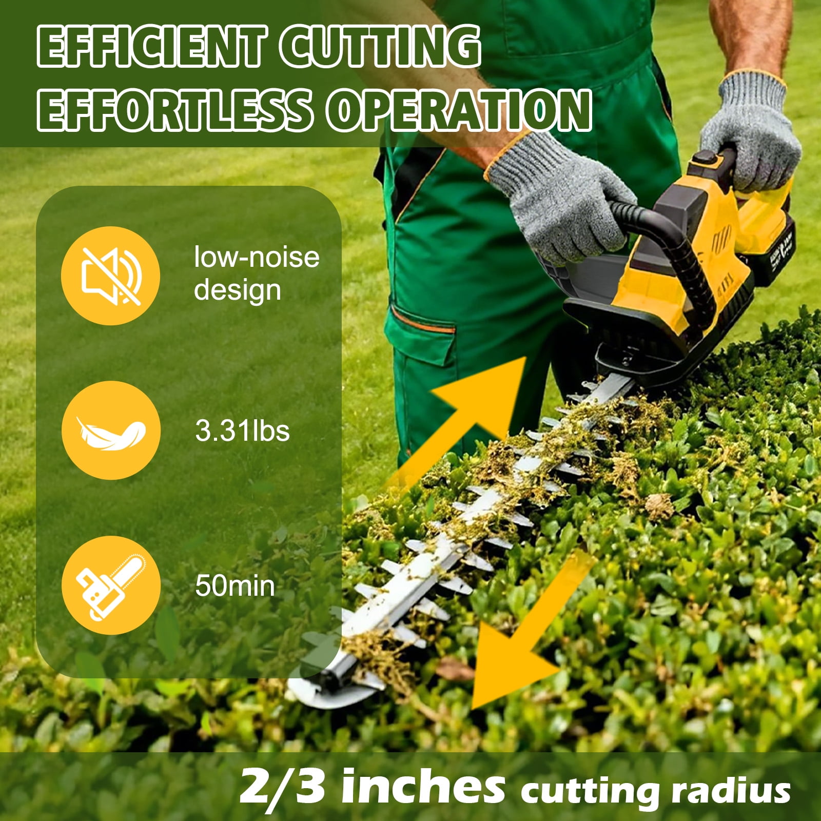 GiftGalore 21V Cordless Hedge Trimmer, 2-in-1 Hedge & Shrub Shear with 21-Inch 180° Rotating Head, 2×4.0Ah Lithium Battery & Charger Included, 120Min Runtime, Yellow