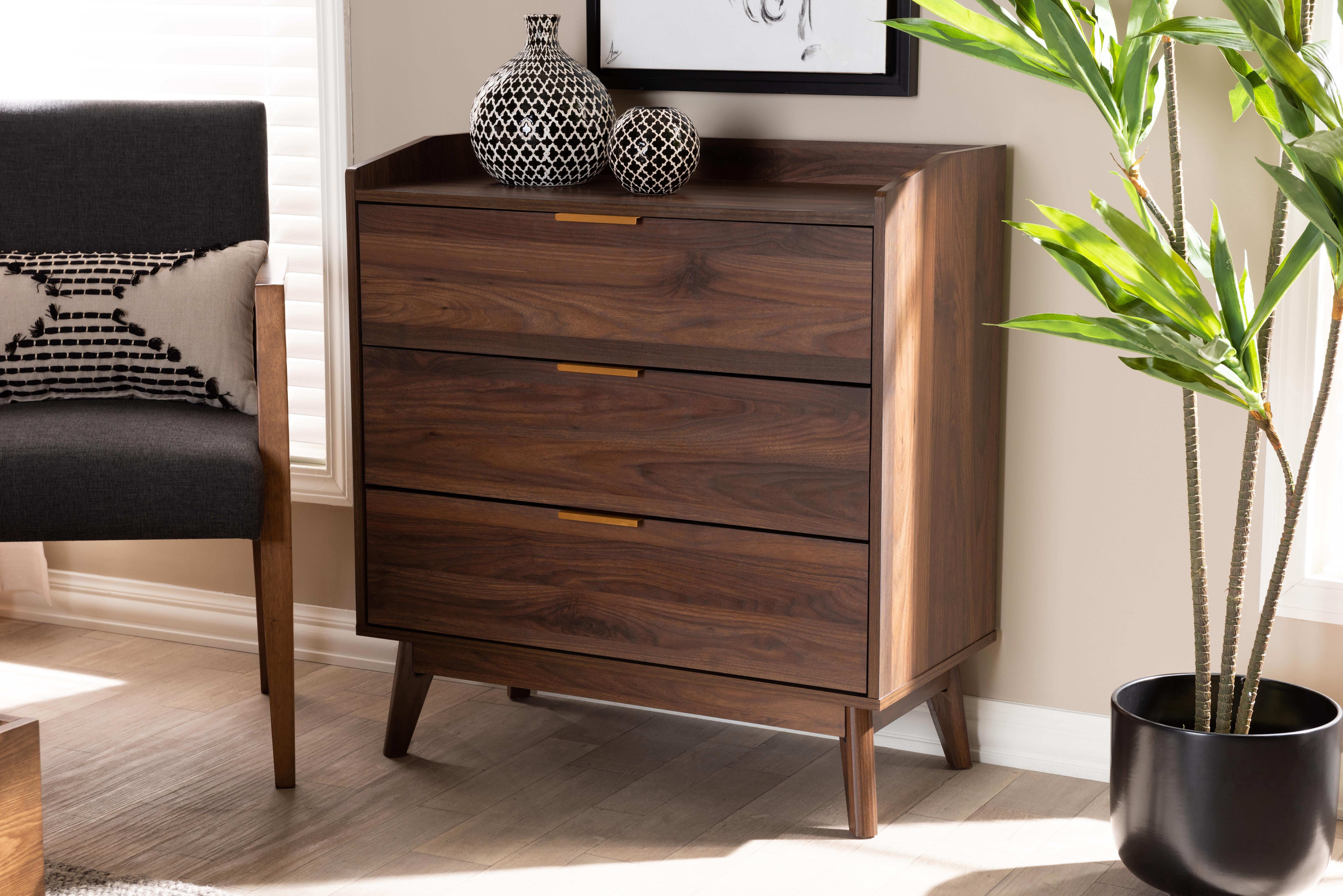 Baxton Studio Lena Mid-Century Modern Walnut Brown Finished 3-Drawer Wood Chest