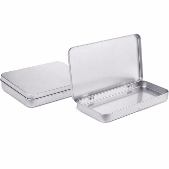 YEMNPIOS 2 Pcs Rectangular Metal Tin Box 7x4.2x0.6 Inch Silver Empty Container with Lid for Storage
