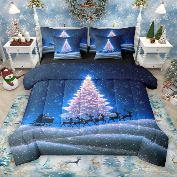 Manfei Snowflake Xmas Tree 7-Piece Twin Bedding Sets for Kids, Magical Santa Claus Bedding Comforter Set, Blue Dreamy Christmas Reindeer Reversible Sheet Sets, Luxury Bedroom Decor