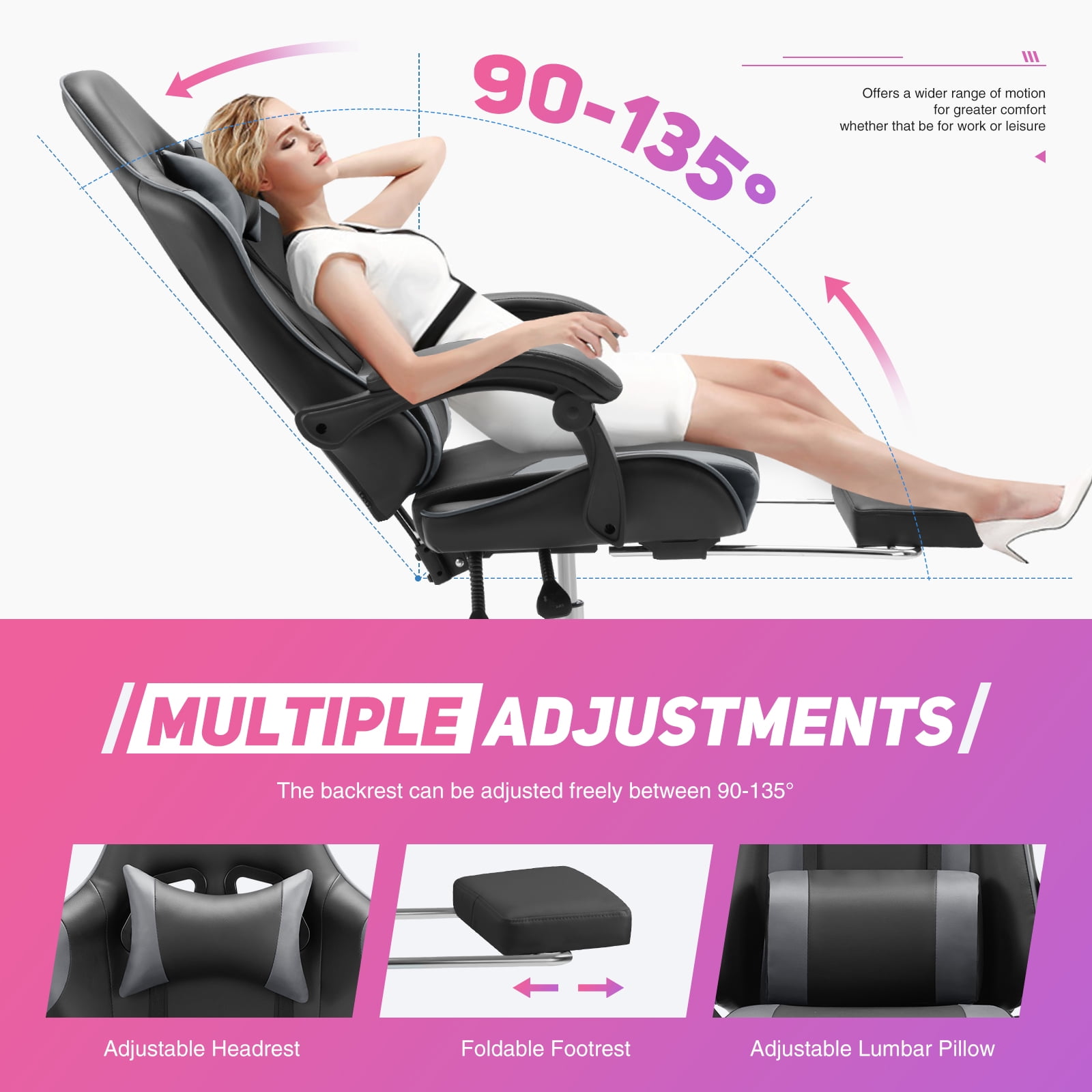 JIOABL Ergonomic Gaming Chair With Headrest And Lumbar Pillow,Height Adjustable With 360°-Swivel Seat,Grey
