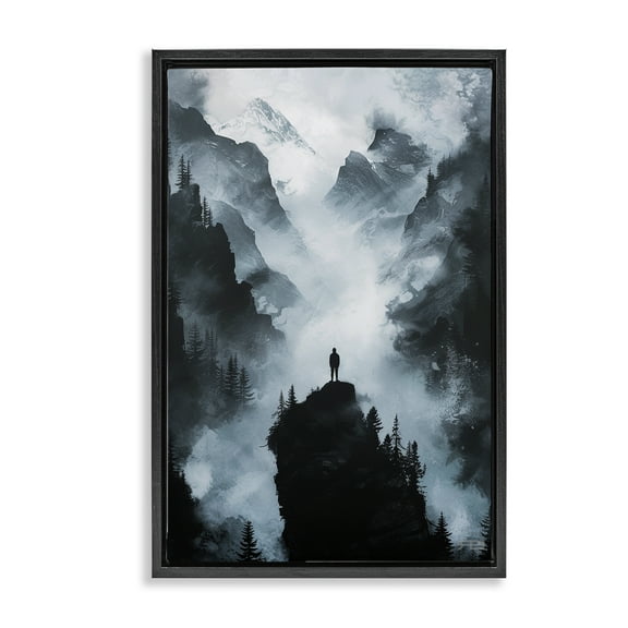 Stupell Industries Man on Intense Cliff Landscape & Nature Painting Black Floater Framed Canvas Art Print Wall Art, 17 x 25