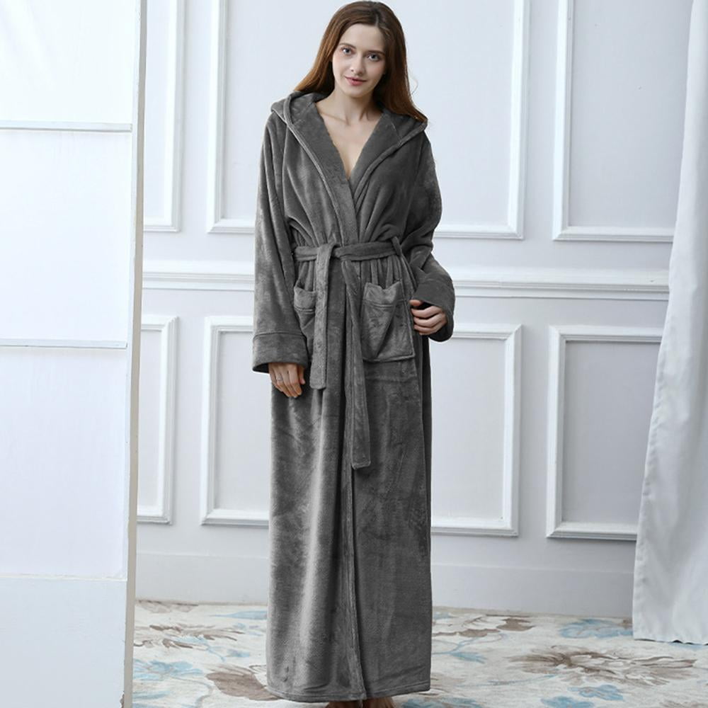 HAINE Unisex Nightwear Hooded Flannel Dressing Gown Housecoat Full Long 