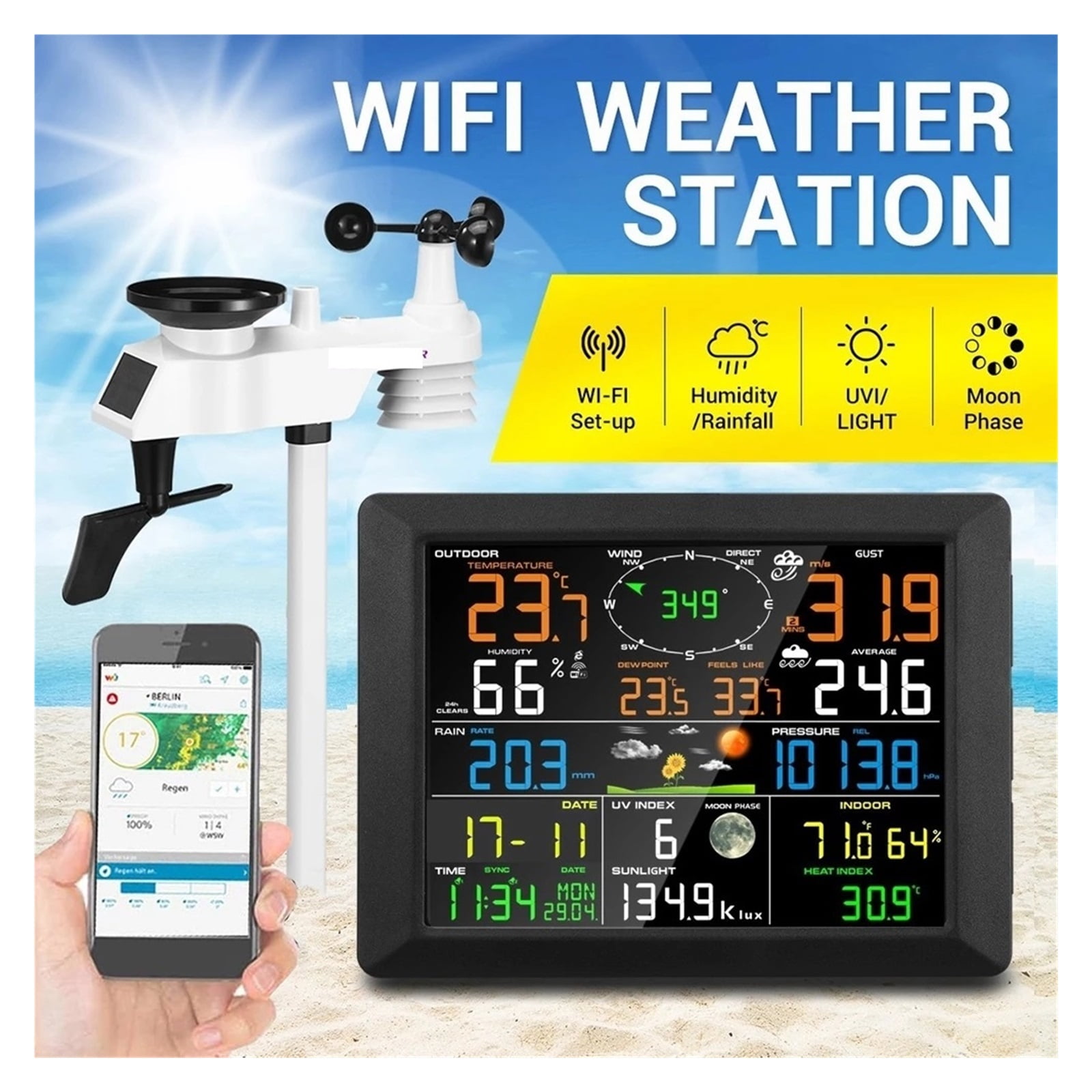 Weather Station Internet Wireless With Outdoor Sensor Rain Gauge Weather Forecast Wind Digital Alarm Clock Barometer Color ,Easy to Install
