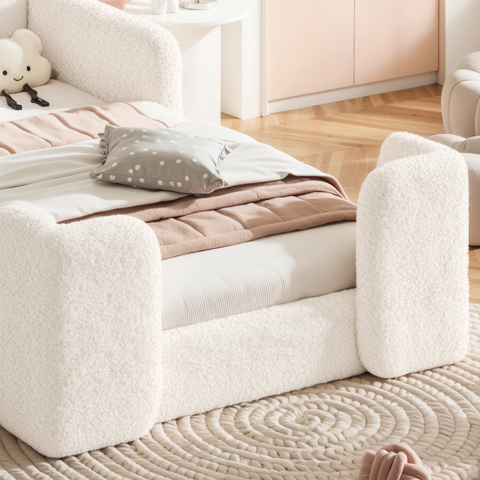 HOQBN Twin House Shaped Upholstered Floor Bed, Upholstered Kids Bed with Safety Side Rails, Low Floor Playhouse Bed for Nursery & Kids Bedroom Beige & Natural