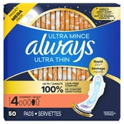 Always Ultra Thin Overnight Pads with Wings, Size 4, Overnight, 50 Count