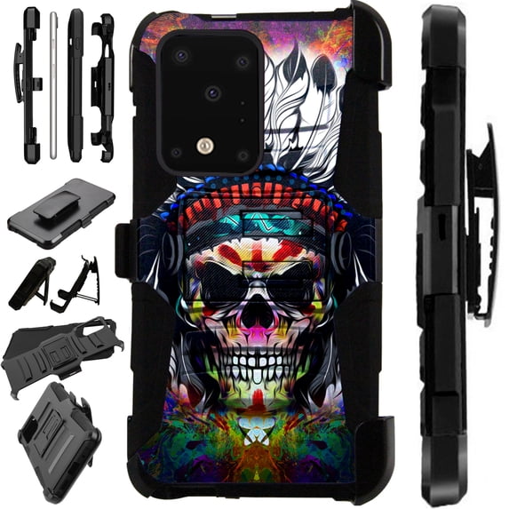WORLD ACC LuxGuard Holster Compatible with Samsung Galaxy S20 Ultra (2020) Case Armor Hybrid Phone Cover (Skull Chief