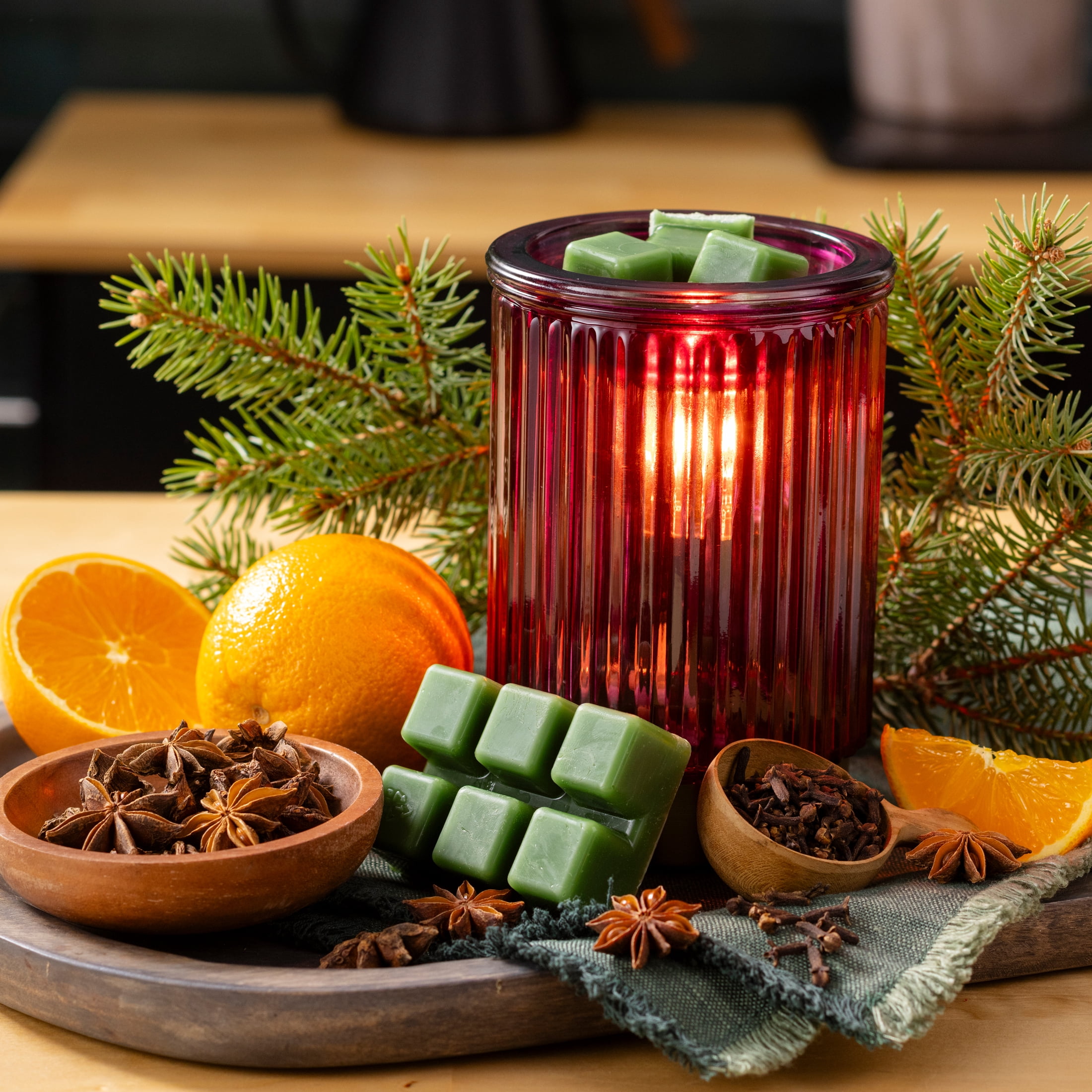 Better Homes & Gardens Ribbed Wax Warmer Red + Fresh Cut Frasier Wax Melt Starter Kit