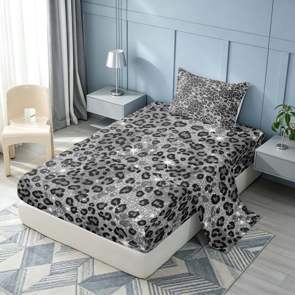 Homewish Gray Leopard Print Twin Sheets for Girls, Animal Themed Bedding, 3-Piece (1 Flat Sheet, 1 Fitted Sheet and 1 Pillowcase)