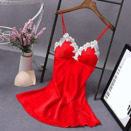 

MRULIC intimates for women Lingerie Women Silk Lace Robe Dress Babydoll NightdressNightgown Sleepwear Red + S