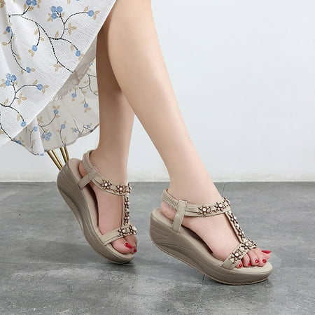 

YOUSNH Bohemia Women Ladies Wedges Sandals Beach Flops Flip Casual Shoes Sandals Women Beige 7(39)