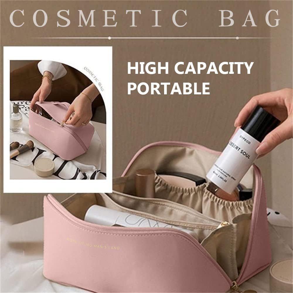 BAKLUCK Travel Makeup Bag Large Capacity Travel Cosmetic Bag PU Leather  Makeup Bag With Compartments Waterproof Lay Flat Makeup Bag Portable  Cosmetic