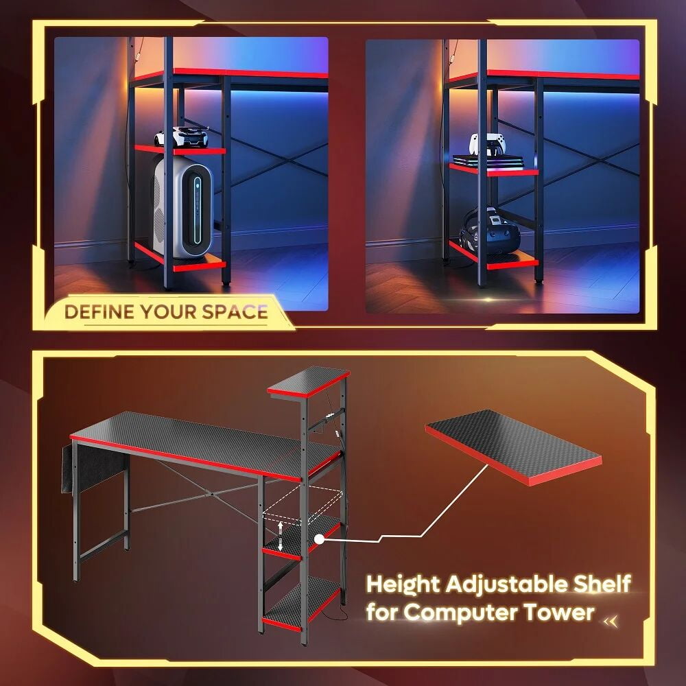 Bestier 52 inch Gaming Desk with LED Lights & Reversible Storage Shelves,LED Gamer Desk for Home and Office,Computer Office Desk with with Side Storage Bag-Carbon Fiber Platform