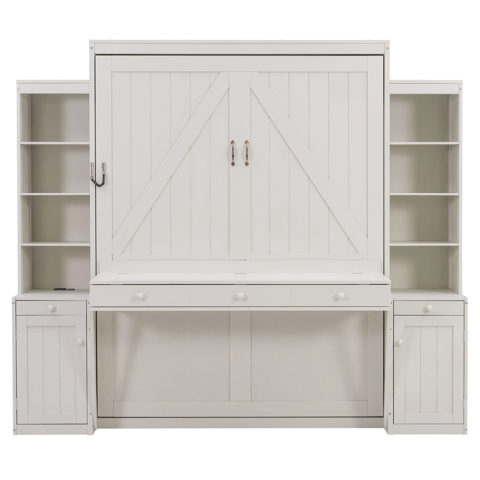 Mintazer Queen Murphy Bed with Desk, Charge Station, Drawers and Storage Shelves, Convertible Wood Wall Platform Bed with Cabinets for Bedroom, White