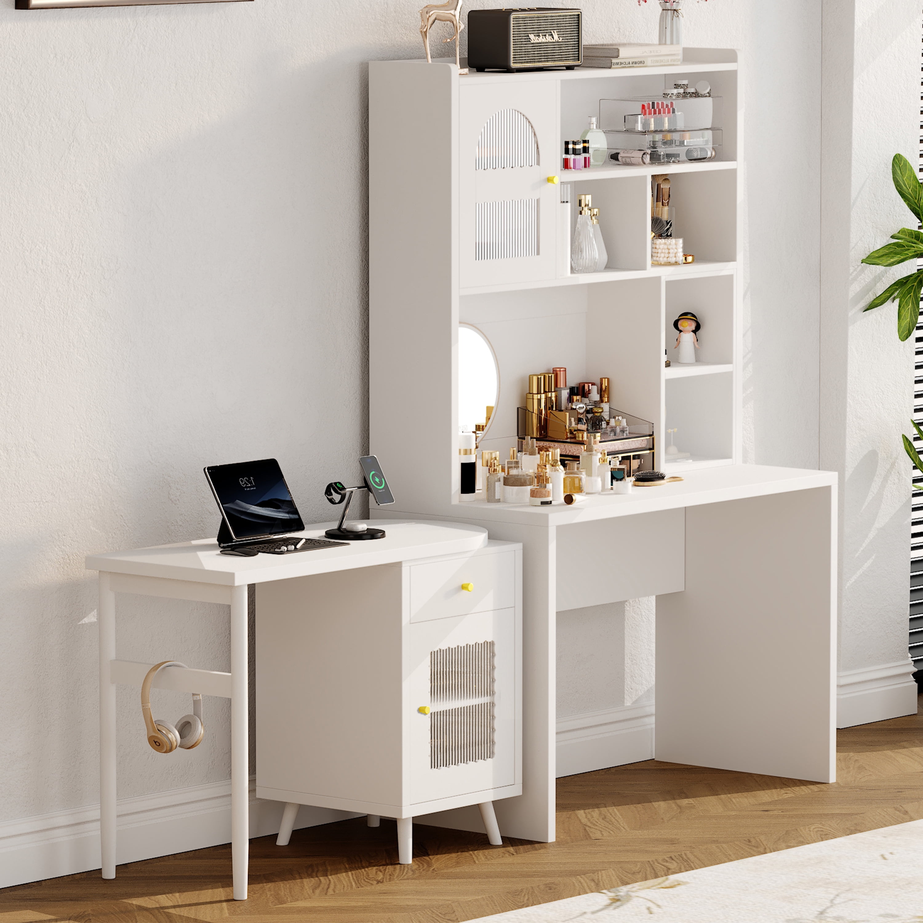 Euroco Rotating Computer Desk with Storage Cabinets, Shelves, and Drawer – 90° Swivel Desktop Writing Desk with Glass Doors